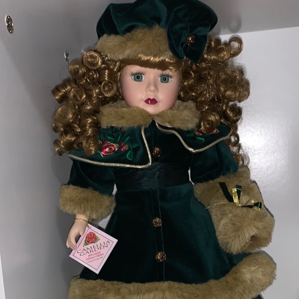 Victorian Green and Gold Doll with Elegant Accessories